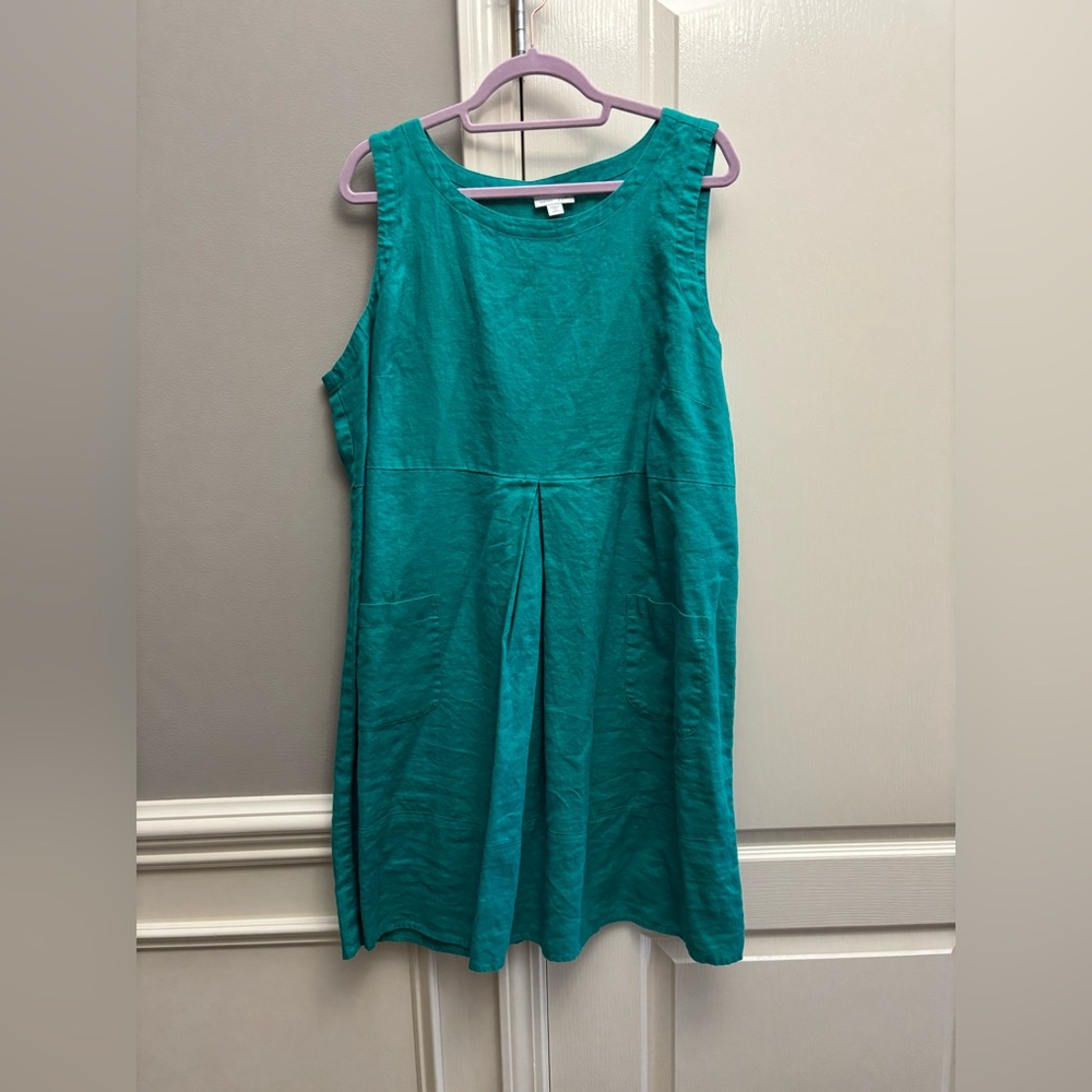 J. Jill Teal Sleeveless Pleated Linen Dress